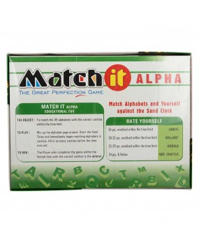 Match it Alpha-Numero set consists of alphabets, numbers, plastic trays with cavities and a sand timer.